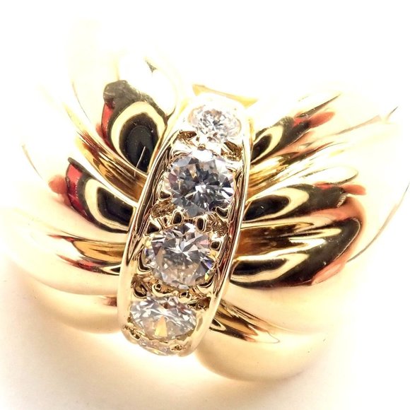 Rare! Authentic Van Cleef & Arpels 18k Yellow Gold Diamond Bow Design Band Ring - Picture 2 of 9